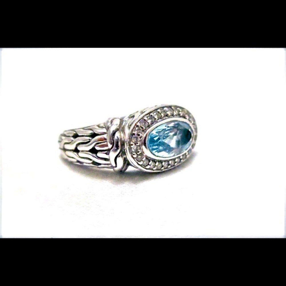 John Hardy blue topaz ring with diamonds